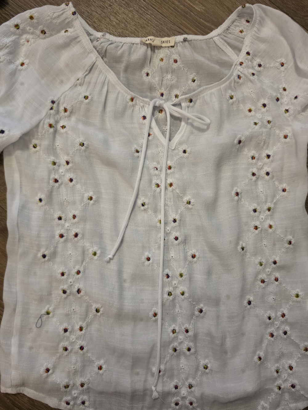 White Embroidered Tie-Front Tunic with Colorful Floral Dots